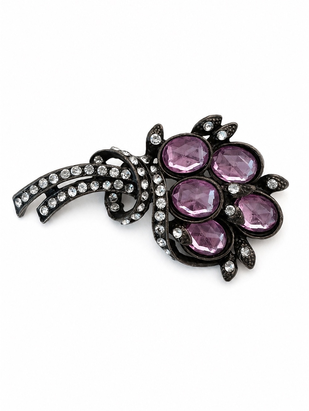 Purple Crystal Floral Brooch Pin Gunmetal Rhinestone Statement Bouquet